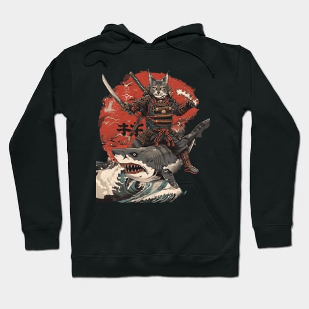 Cat Riding Shark Marine Safari Hoodie by Gianna Bautista Art